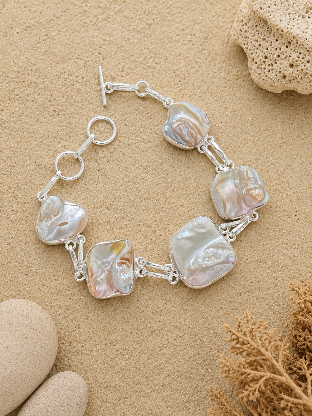 Chunky 5-Stone Biwa Pearl 925 Silver Adjustable Bracelet
